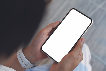 Mockup image of woman hand holding blank white screen mobile phone