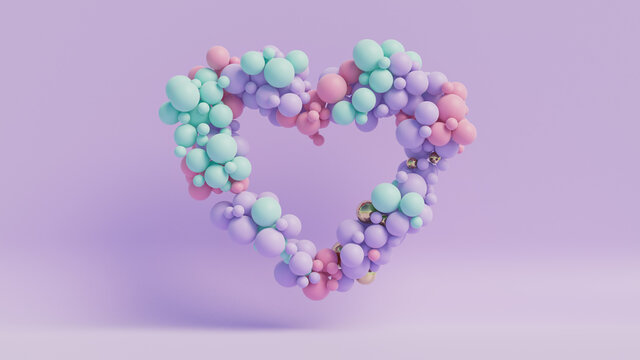 Multicolored Balloon Love Heart. Pink, Violet and Turquoise Balloons arranged in a heart shape. 3D Render 