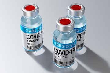 Three covid-19 / SARS-CoV-2 / coronavirus vaccine ampoules isolated on grey background - 3D illustration