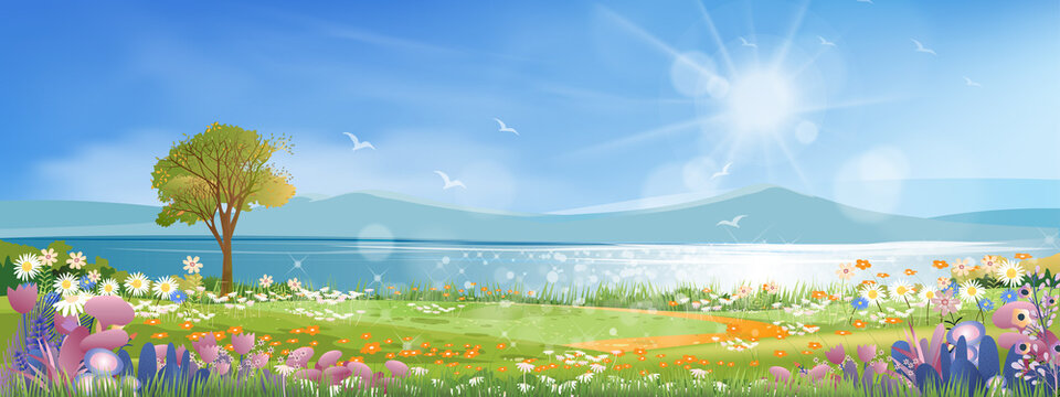 Panoramic of spring village with lake view and mountains with blue sky,Vector cartoon Spring landscape, Panorama countryside in the morning in summer with bright light from sun and reflection on water