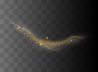 The dust sparks and golden stars shine with special light. Vector sparkles on a transparent background. Christmas light effect.
