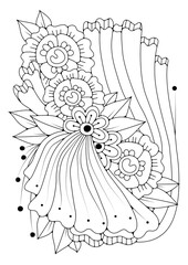 Art therapy coloring page for children and adults. Illustration with abstract flowers. Black-white background for coloring, printing on fabric or paper.