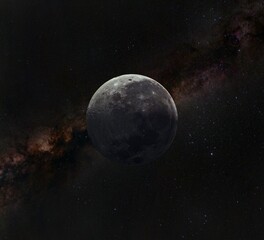 The moon in space on the background of the Milky Way. A satellite of the Earth 3D. The foreground is out of focus.