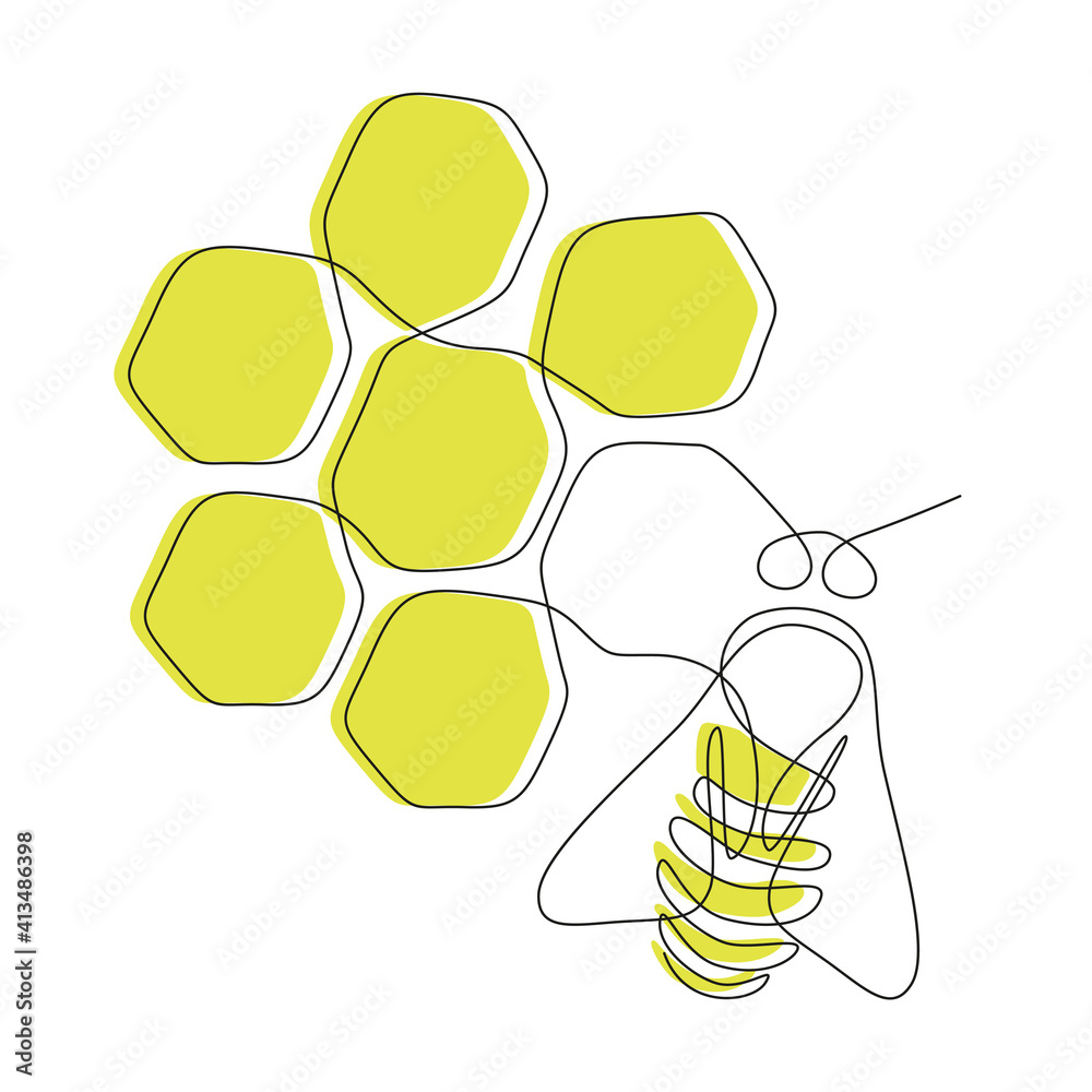 Poster continuous one line drawing of bee with honeycomb. honeybee farm icon concept from wasp animal shape