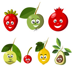 Fresh fruits and berries strawberries, pomegranates, cherries, avocado, lemon, apple.