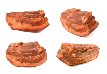 Ham, boiled pork fat with layers of meat, four pieces from different angles are isolated on a white background.Macro.