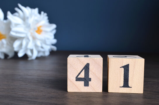Number 41, rating, award, Empty cover design in natural concept with a number cube and peony flower on wooden table for a background.