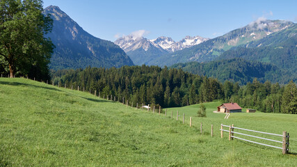 Fototapeta na wymiar Blick vom Kühberg auf den Alpenhauptkamm im südlichen Stillachtal