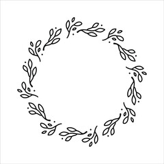 Vector hand drawn spring wreath isolated on white background. Outline circle of leaves. Doodle style. Floral frame.
