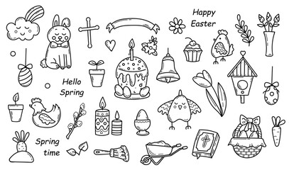 Set of Doodle Easter Elements.  Line and Outline Spring Collection in Sketch style.Hand drawn Religion Christian Objects. Vector illustration for design, graphic, web. Isolated on white background. 