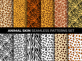 Fototapety  Animal seamless pattern set. Mammals Fur. Collection of print skins. Predators. Cheetah, Giraffe, Tiger, Zebra, Leopard, dalmatian, cattle, Jaguar. Printable Background. Vector illustration.