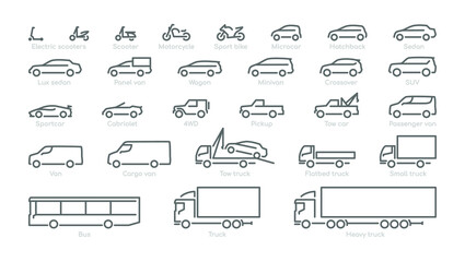 Big set outline car icons, different types of transportation