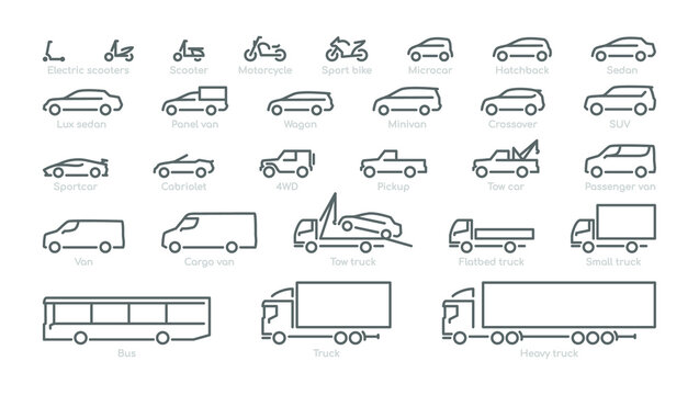 Big set outline car icons, different types of transportation