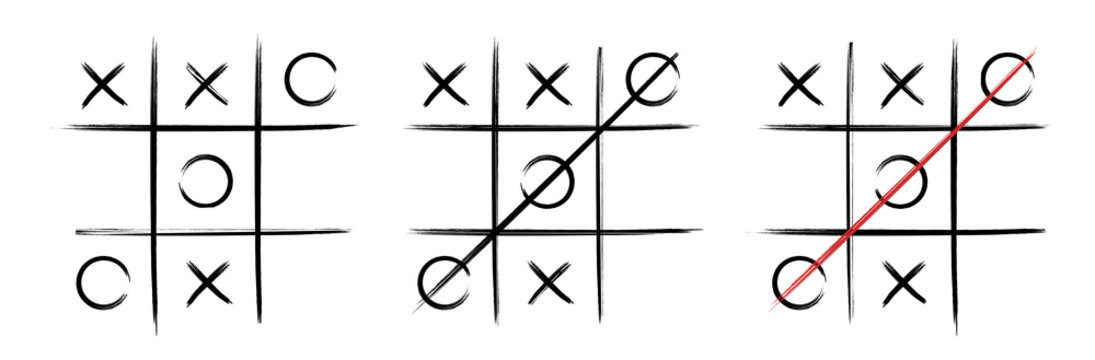 Tic tac toe in Hand drawn style. Doodle black line tic tac toe templates isolated on white background. Vector illustration.