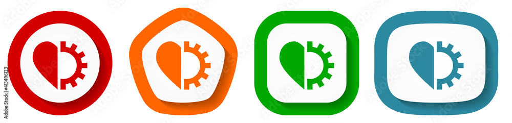 Aufkleber Heart and cogwheel vector icon set, flat design buttons on white background for webdesign and mobile applications