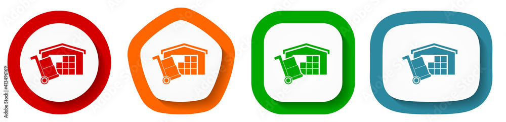 Poster warehouse and shipping barrow, delivery, freight concept vector icon set, flat design buttons on whi