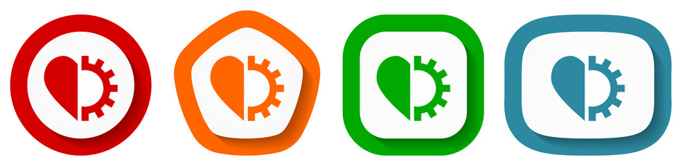 Heart and cogwheel vector icon set, flat design buttons on white background for webdesign and mobile applications