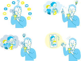 スマホで娘と孫と通話するシニア男性の表情セット