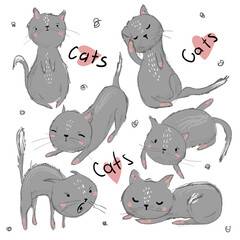 Set of illustrations with cats. Funny grey cats