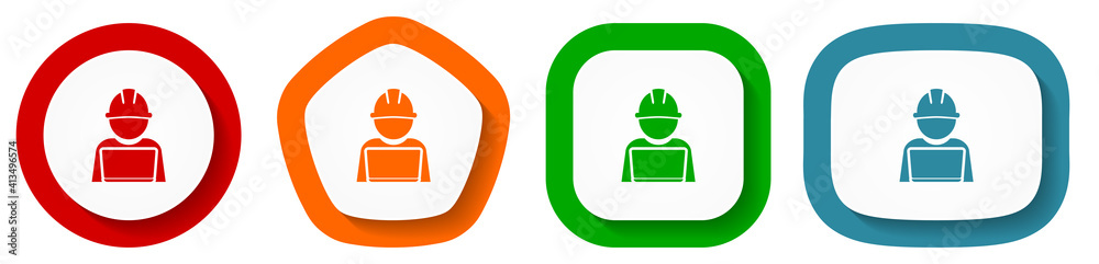 Fototapete Engineer with laptop, worker, manager vector icon set, flat design buttons on white background for webdesign and mobile applications