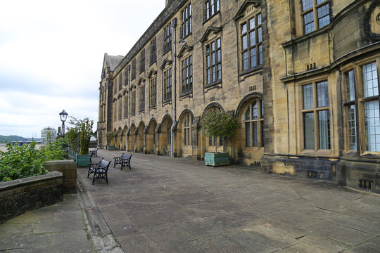 The front terrace outside the historic main arts building on the University campus in the centre of Bangor, Wales, UK.