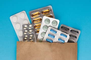 Different medicines: tablets, pills in blister pack, medications drugs, macro, copy space