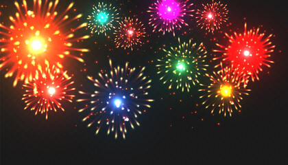 Salute explosion festive vector background. Realistic fireworks burst, gradient light glowing effect isolated on dark background.