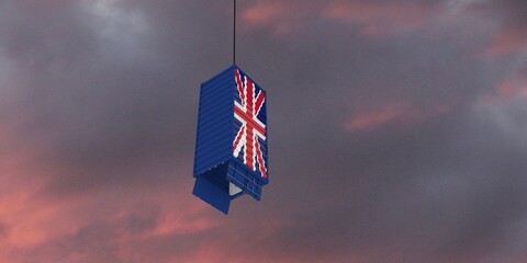 
an empty freight container hangs on a steel rope with the doors open - British foreign trade - import and export
