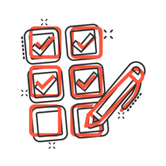 Checklist document icon in comic style. Survey cartoon vector illustration on white isolated background. Check mark choice splash effect business concept.