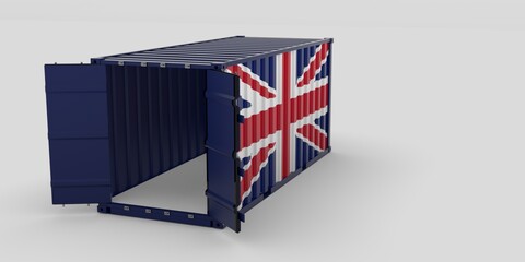 an empty freight container with an english flag and open doors - british foreign trade - import and export -3d-illustration