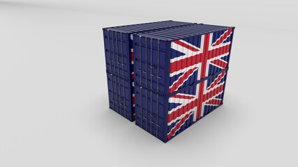 4 freight containers with british flag / concept trade / 3D illustration