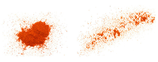 Set of red pepper paprika powder isolated on white background, top view. Heap of red pepper powder on a white background. Cayenne pepper powder, top view. Heap of red powder isolated on white.
