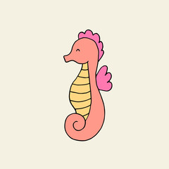 The seahorse is pink. Vector hand-drawn doodle illustration. Children's illustration.