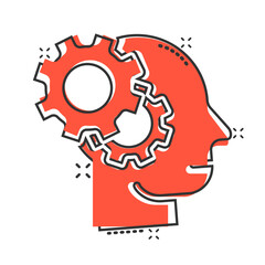 Human head with cogwheel icon in comic style. Technology progress cartoon vector illustration on white isolated background. Face and gear splash effect business concept.