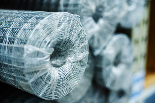 Metal mesh for floor screed reinforcement. Trade in building materials in the store. Close-up