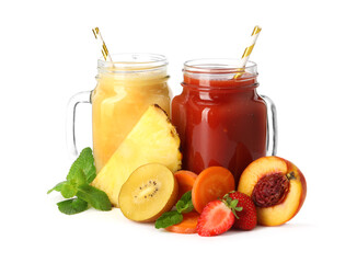 Fototapeta na wymiar Mason jars of delicious juices and fresh ingredients on white background