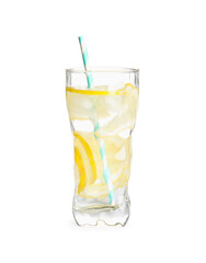 Soda water with lemon slices and ice cubes isolated on white
