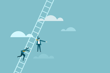 Businessmen falling down while climbing up a ladder that goes high up in the sky