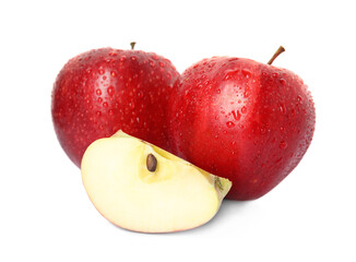 Fresh red cut and whole apples with water drops on white background