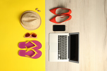 Flat lay composition with business items and beach accessories on color background. Concept of...