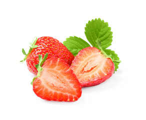 Delicious fresh red strawberries and green leaf on white background