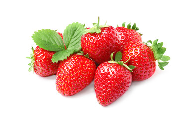 Pile of delicious fresh red strawberries on white background