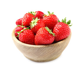 Fresh red strawberries in wooden bowl isolated on white