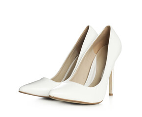 Beautiful classic wedding shoes on white background