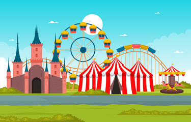 Castle Ferris Wheel Amusement Park Happy Holiday Illustration