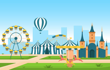 Castle Ferris Wheel Amusement Park Happy Holiday Illustration