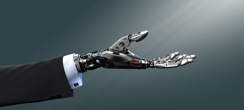 Robot arm mechanical palm facing up cybernetic AI neural network business concept