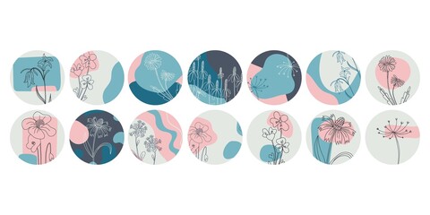 Social highlight floral set. Hand drawn line wild flower and abstract blob shapes, herbal and meadow plant. Modern floral template for social media stories covers. Vector illustration pink blue colors