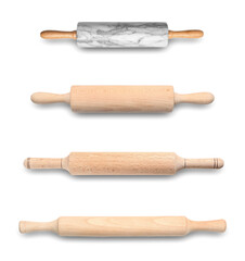 Collage of different rolling pins on white background