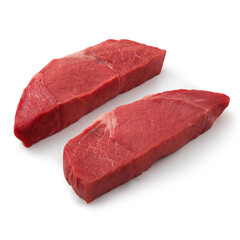 Closeup view of Fresh Raw Beef Petite Sirloin Steak Sirloin Cut Meat in Isolated White Background 